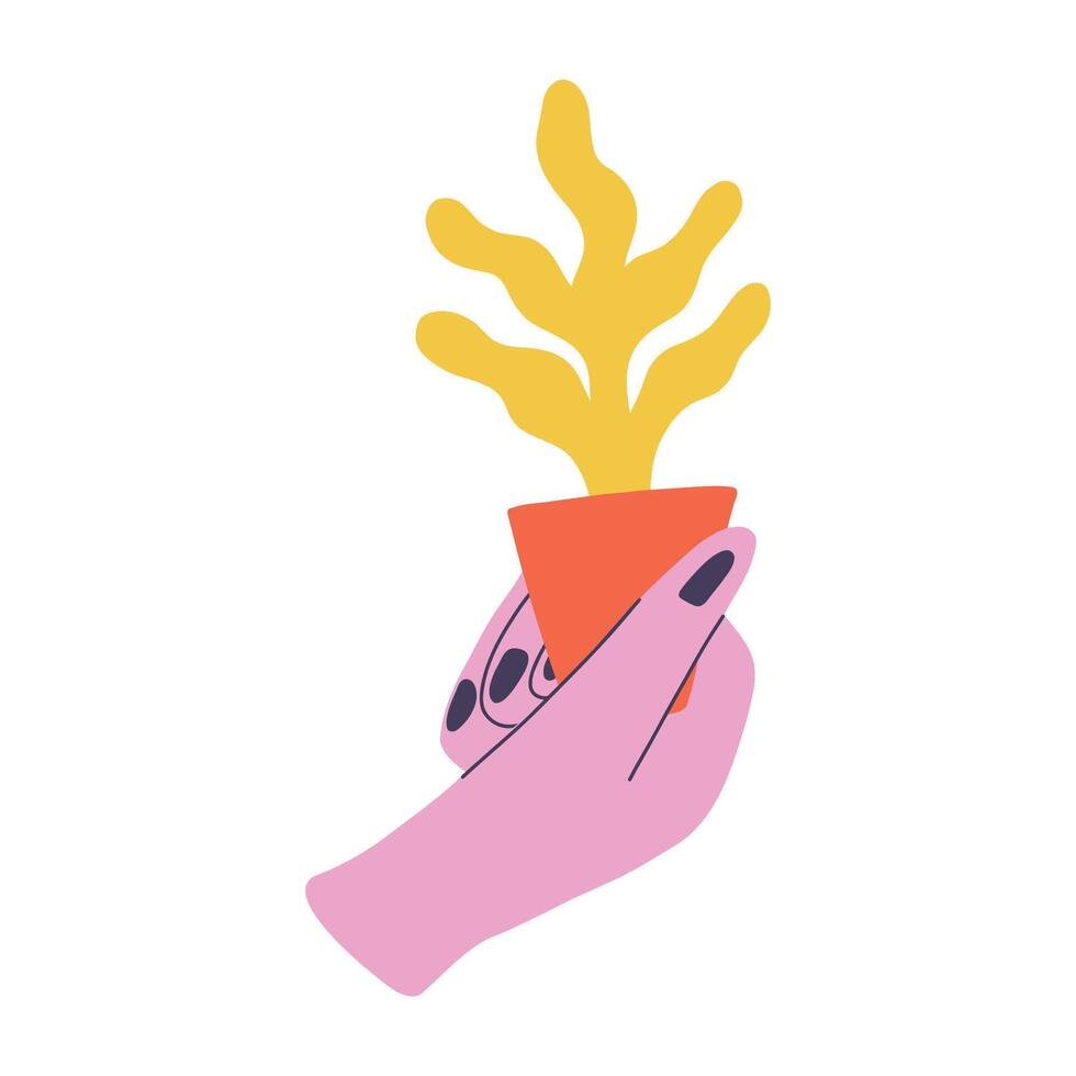 Doodle hand holds a flower in a pot. Concept of sharing plants, recycling old things. Eco friendly consumption of house plants and exchange. Hand drawn illustration for postcard, invitation. vector