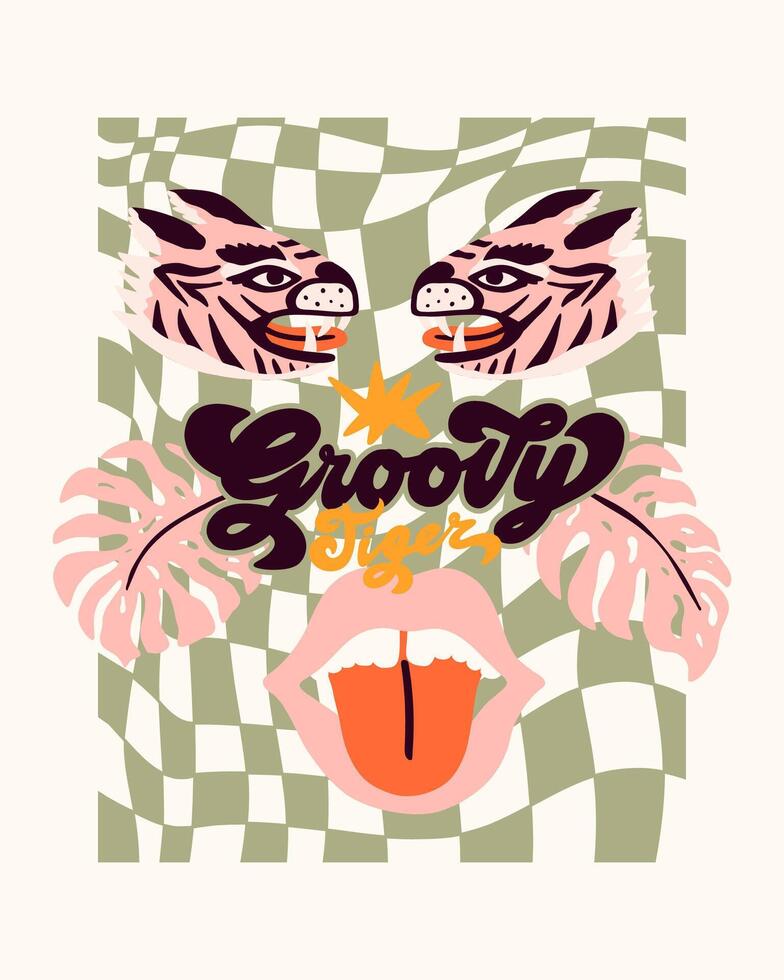 Hipster retro chess pattern with tiger and banana, palm leaves. A collection of groovy cliparts from 70s, 60s. Abstract design of cartoon stickers. Trend illustration. vector