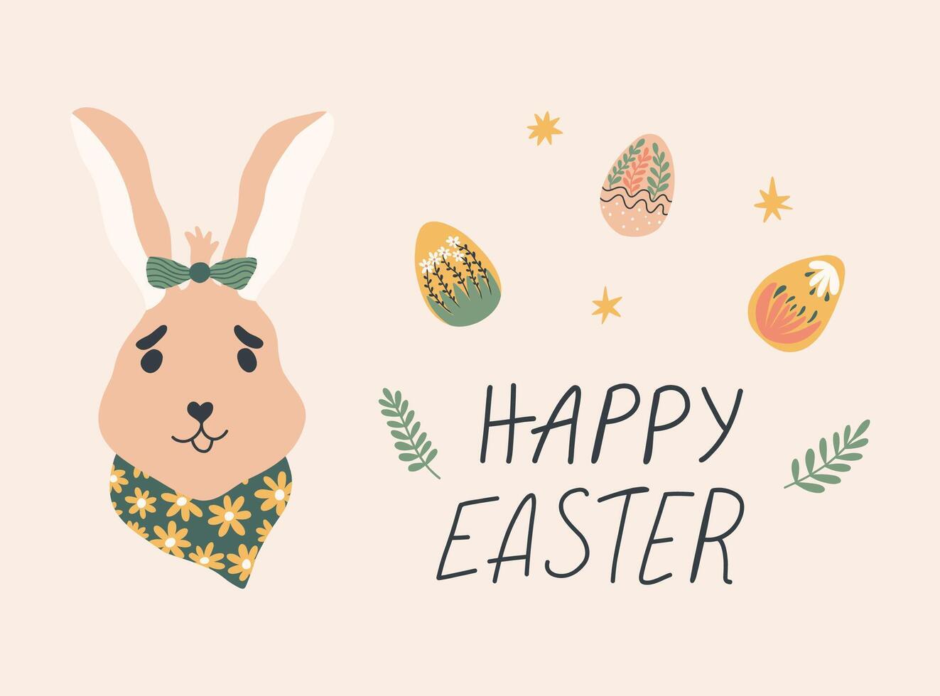Happy Easter card with bunny, lettering, flower vector