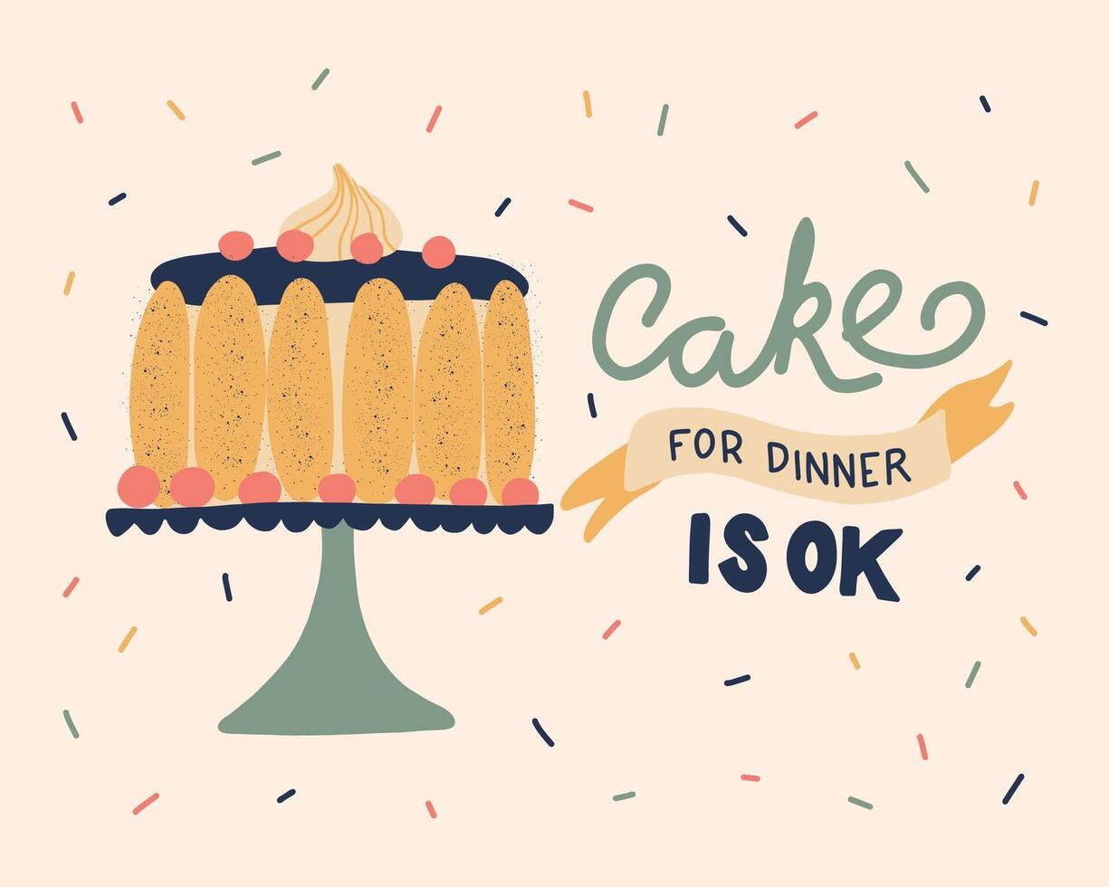 Greeting card with Birthday cake and lettering. vector