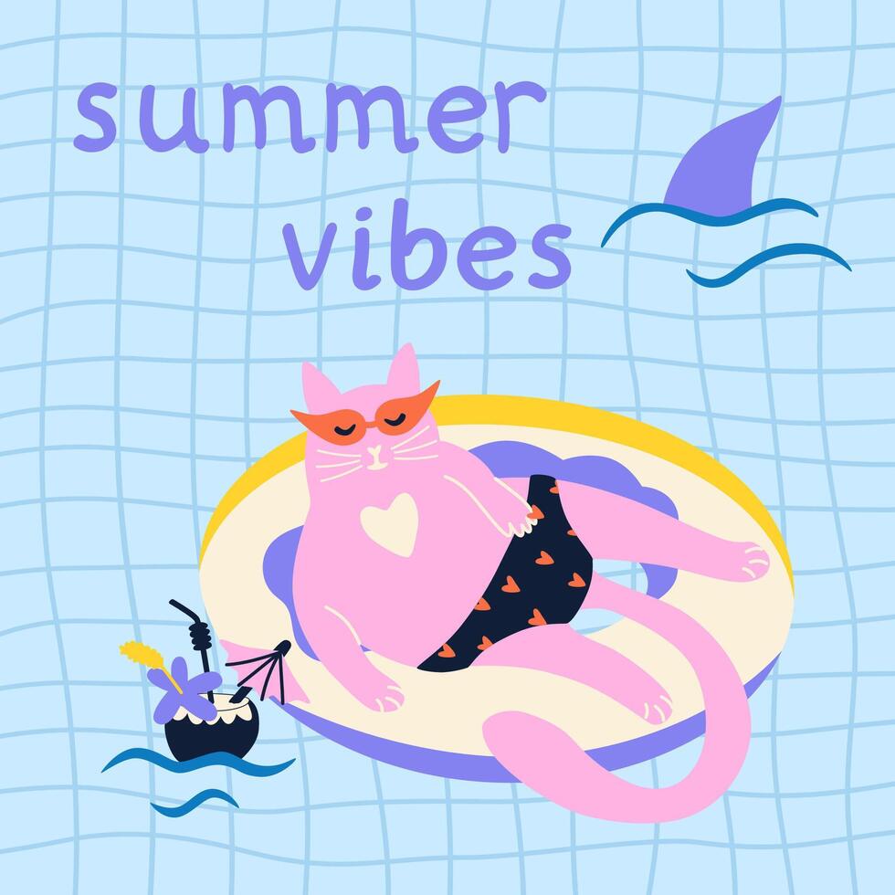 Cat on inflatable donuts in the pool with coconut cocktail. Summer cartoon illustration for poster, card, background, discount flyer. vector