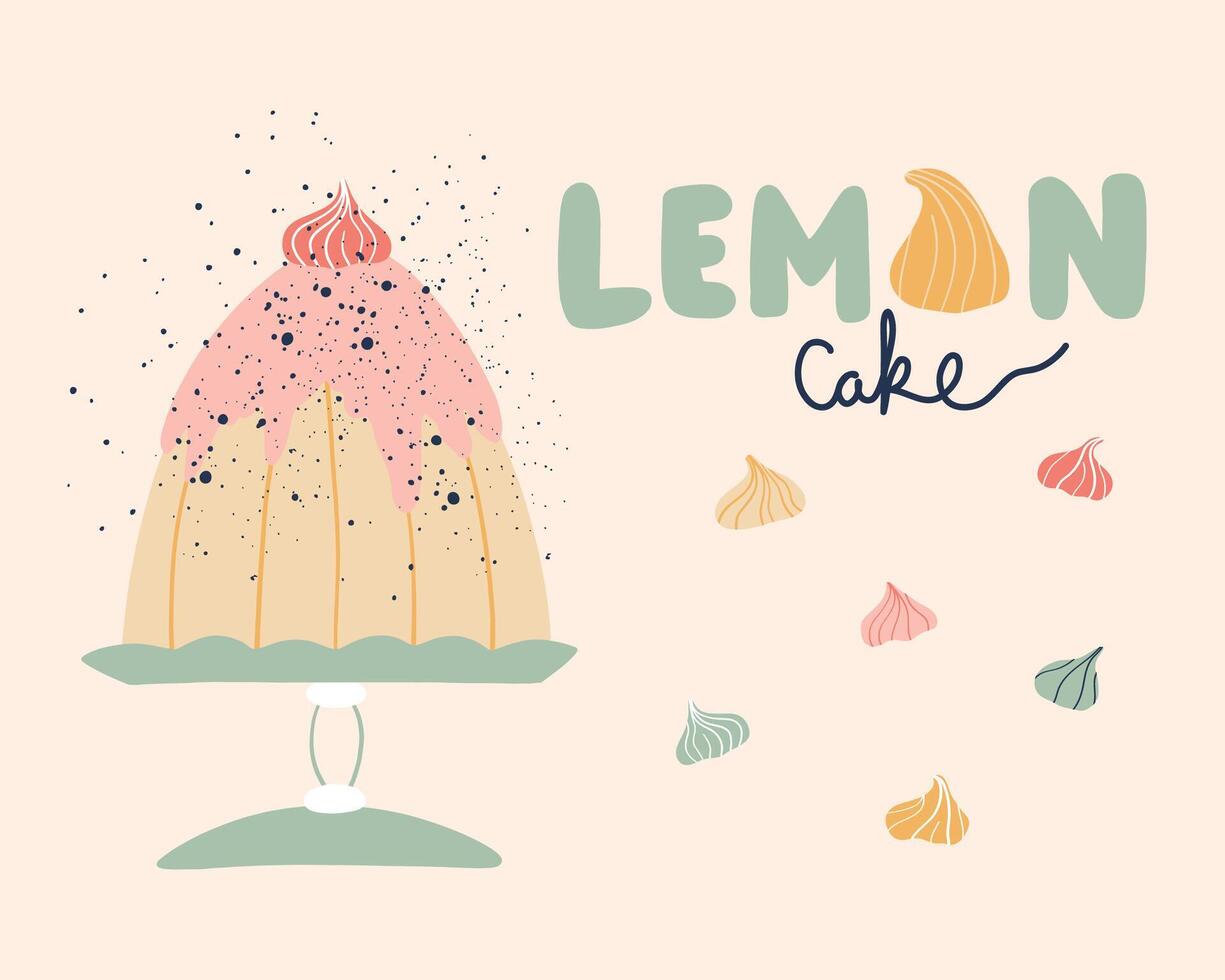 Cute lemon cake with meringue on background. vector