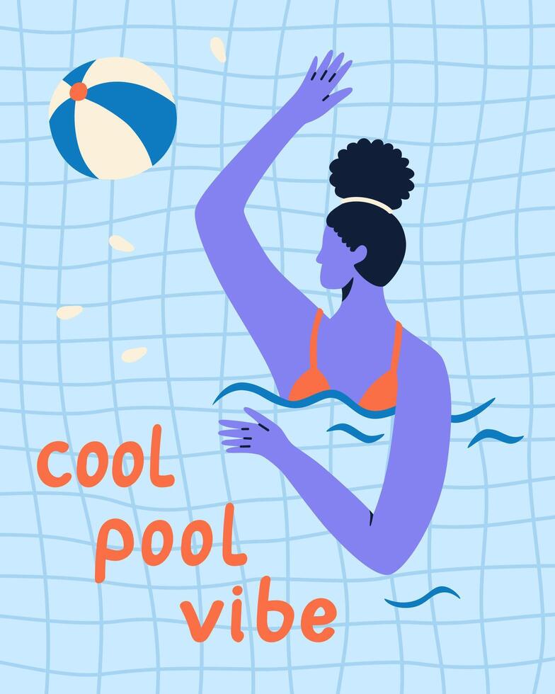 Girl with a ball in the pool. Cool pool party vibe. Summer cartoon illustration for poster, card, background, discount flyer. vector