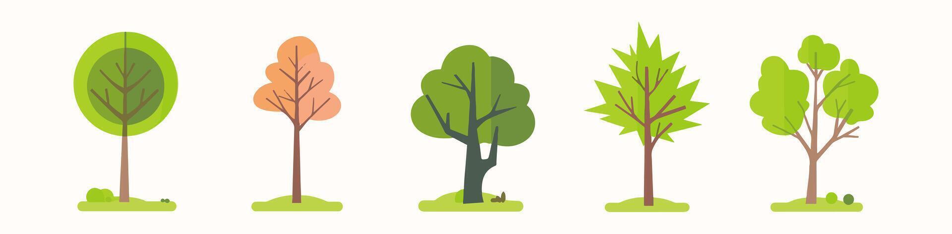 Tree and leaf collection hand drawn flat design element. botanical set of bare trees and ones with leaves and lush limited pastel color vector