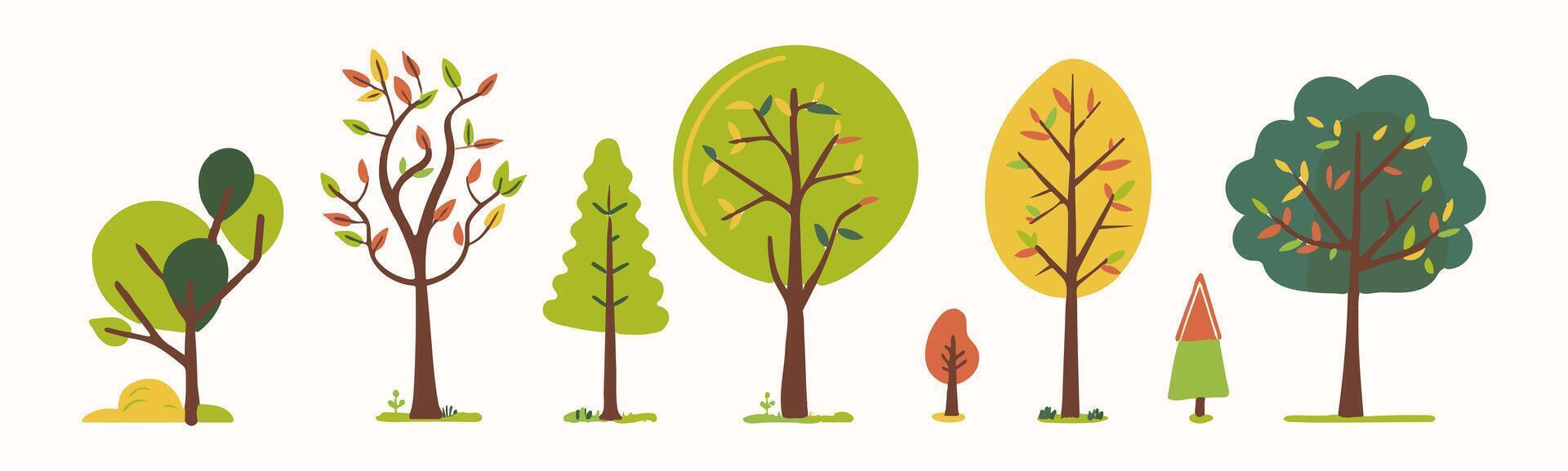 Tree and leaf collection hand drawn flat design element. botanical set of bare trees and ones with leaves and lush limited pastel color vector