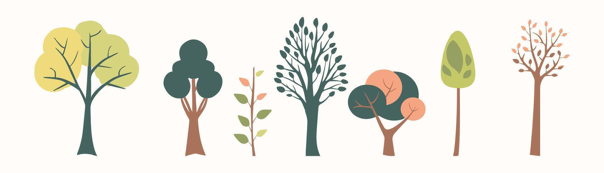 Tree and leaf collection hand drawn flat design element. botanical set of bare trees and ones with leaves and lush limited pastel color vector
