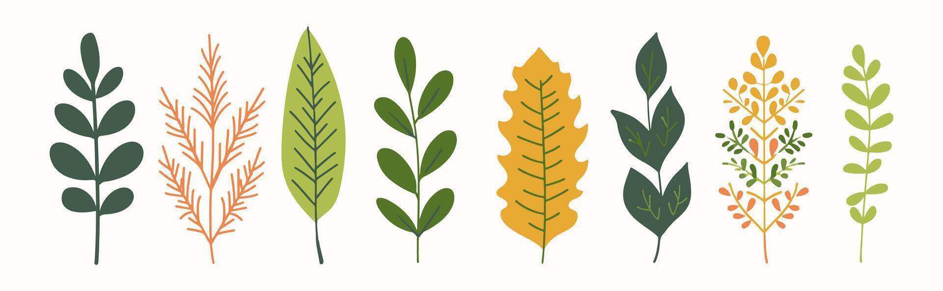 Tree and leaf collection hand drawn flat design element. botanical set of bare trees and ones with leaves and lush limited pastel color vector