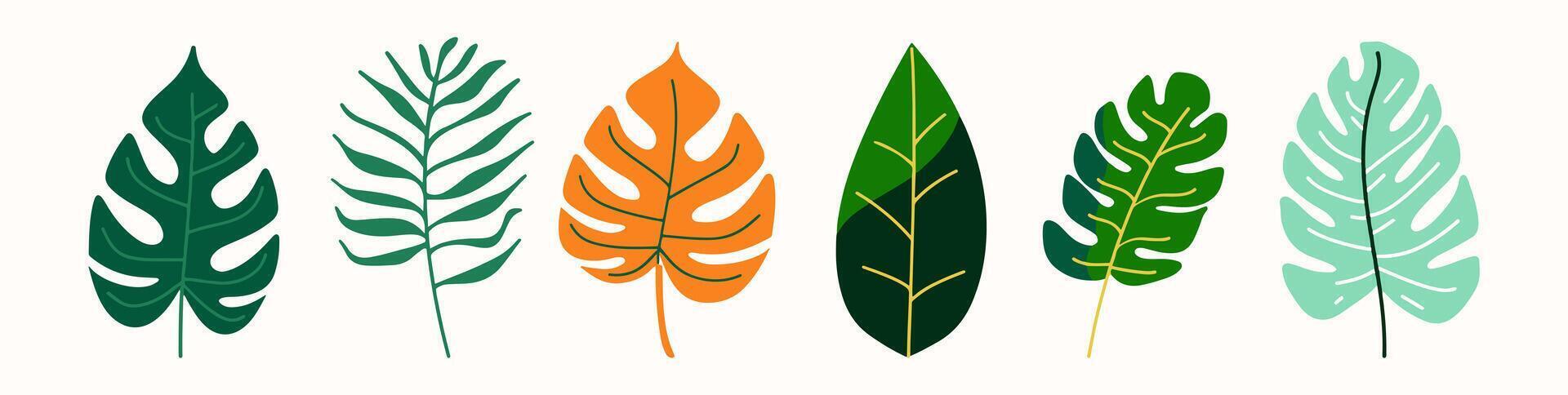 Tree and leaf collection hand drawn flat design element. botanical set of bare trees and ones with leaves and lush limited pastel color vector