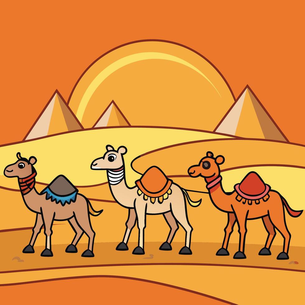Three camels are walking in the desert at sunset vector
