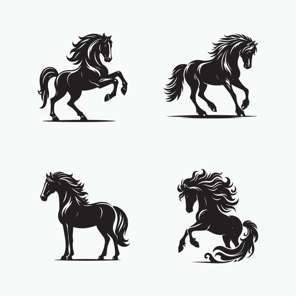 Black and white silhouette horse set illustration. Silhouette illustration of a horse. logo, watermark, tattoo. vector