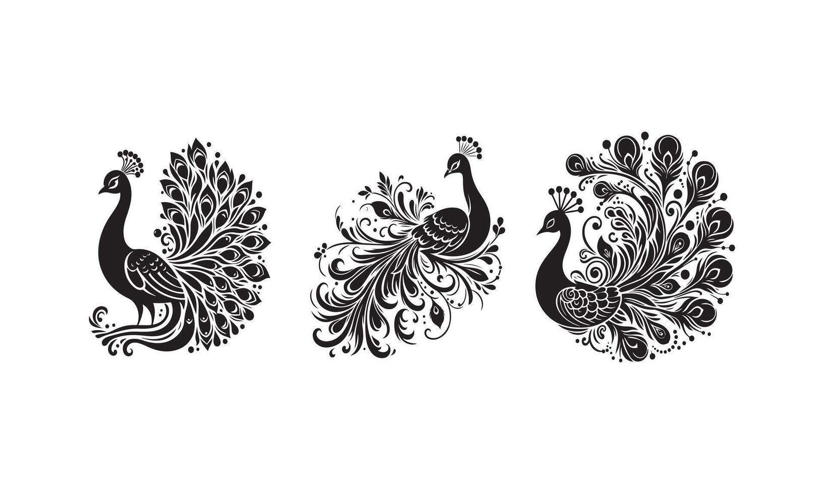 Black and white silhouette peacock illustration. Silhouette illustration of a peacock. logo, watermark, tattoo. vector