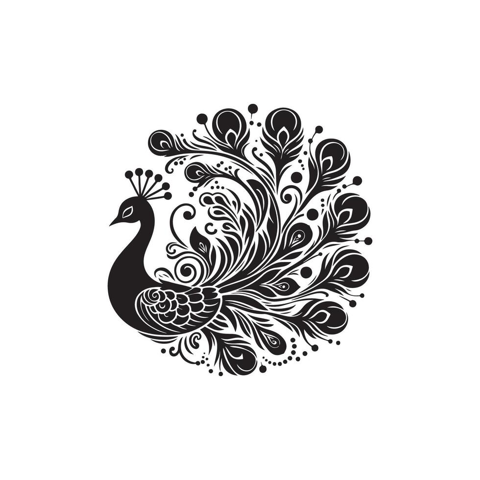 Black and white silhouette peacock illustration. Silhouette illustration of a peacock. logo, watermark, tattoo. vector