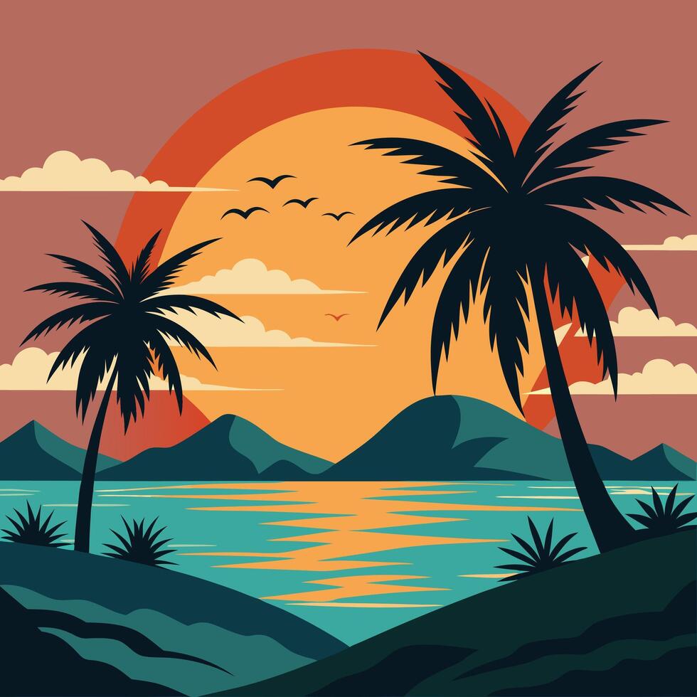 Silhouettes of Palm Trees And Orange Sun Illustration Art vector