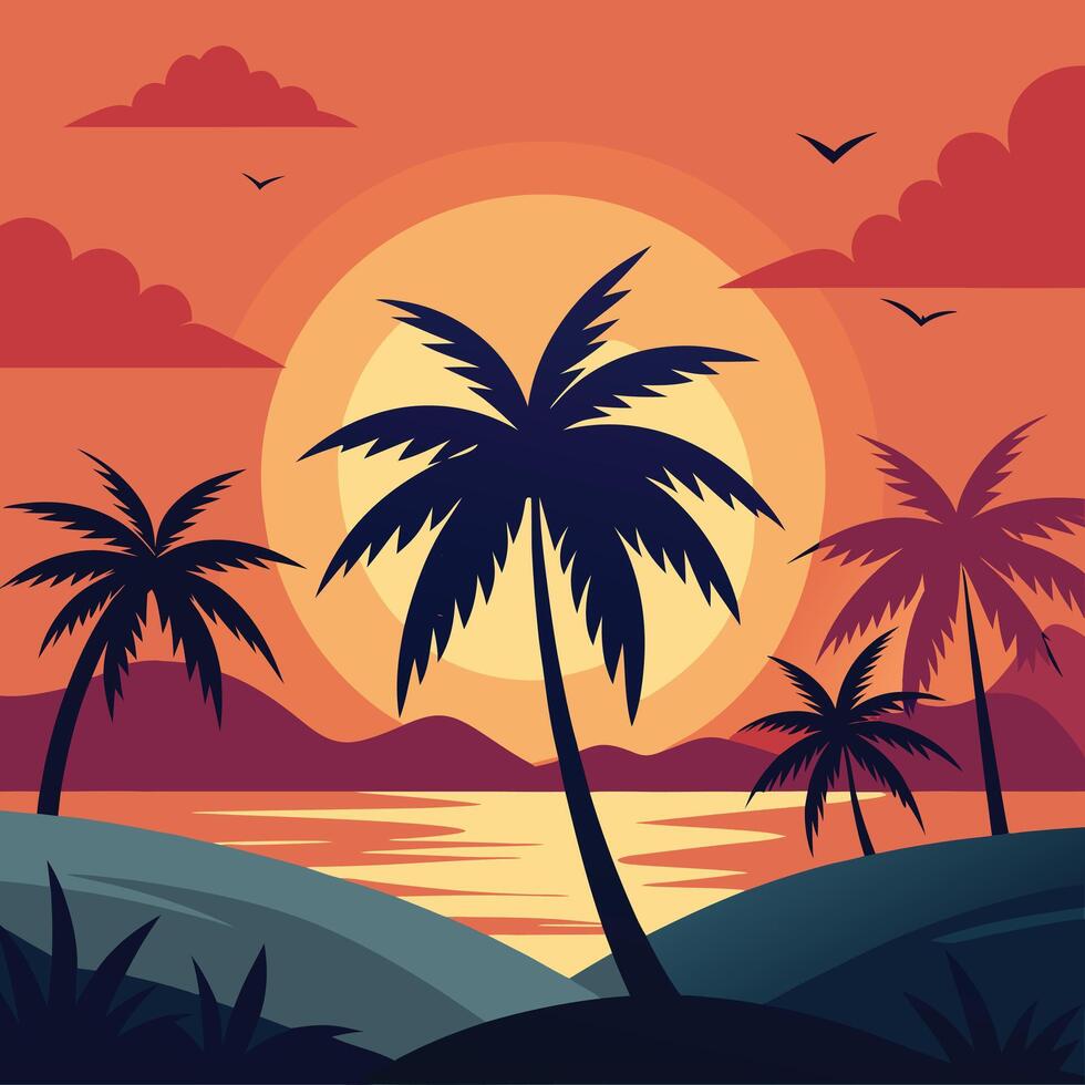 Silhouettes of Palm Trees And Orange Sun Illustration Art vector