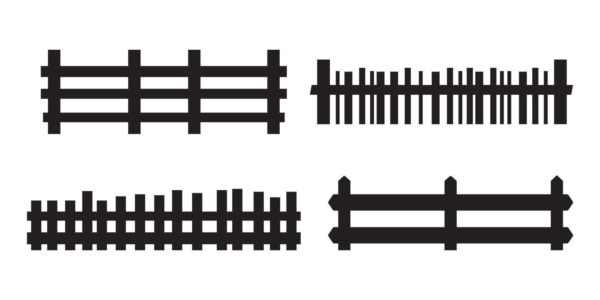 Black wooden fence silhouette isolated on white background. Decorative wood picket fence section design. flat black garden picket fence design. Seamless border vector