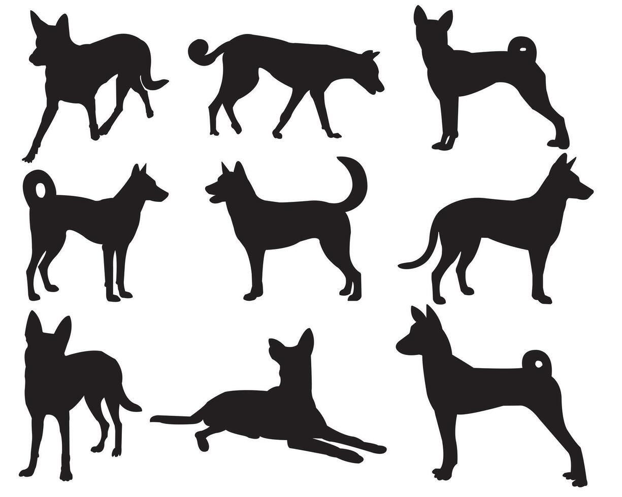 set of black silhouette dogs in various poses on white background, eps 10 vector