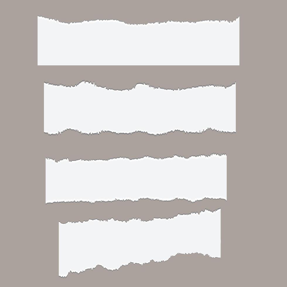 White ripped paper strips collection. Realistic paper scraps with torn edges. Sticky notes, shreds of notebook pages. illustration. vector