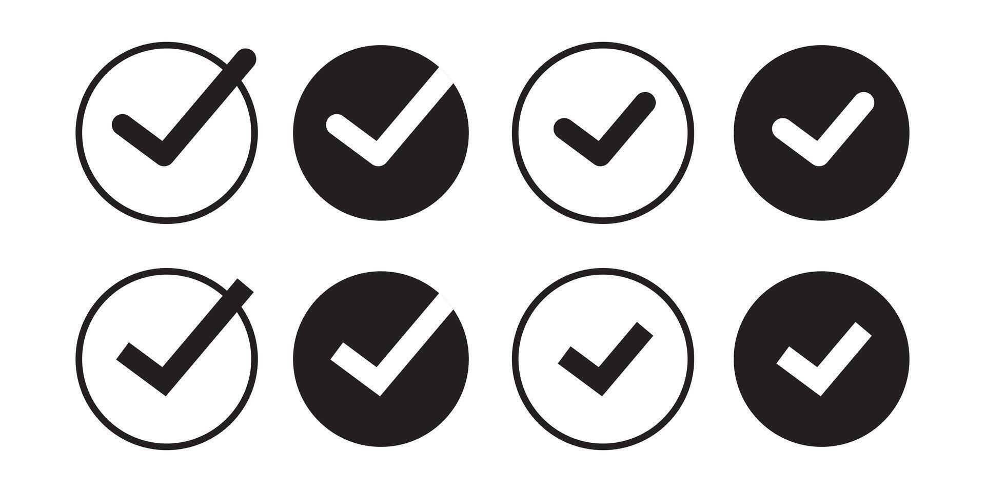 Set of checkmark icons inside a circle isolated on a white background. Black check mark icon. Tick approved symbol. eps 10 vector