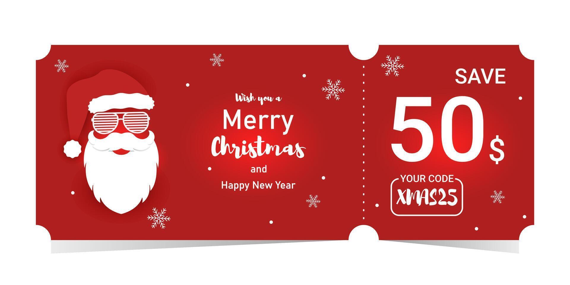 Coupon template with discount and promotional code for Christmas and New Year shopping, featuring a cool Santa in red. vector