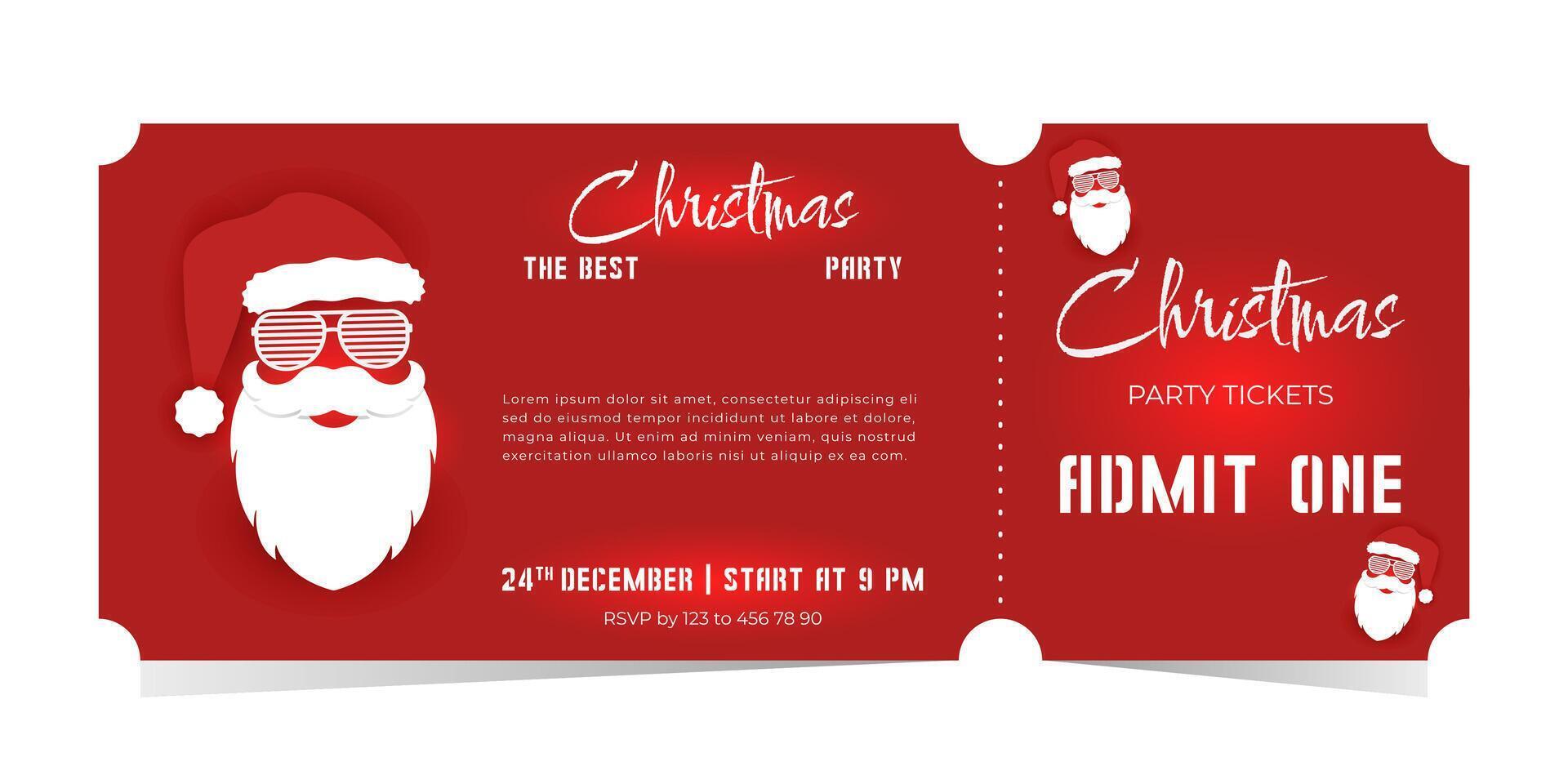 Christmas party ticket template with cool santa on red background.Design of 2025 isolated template. vector