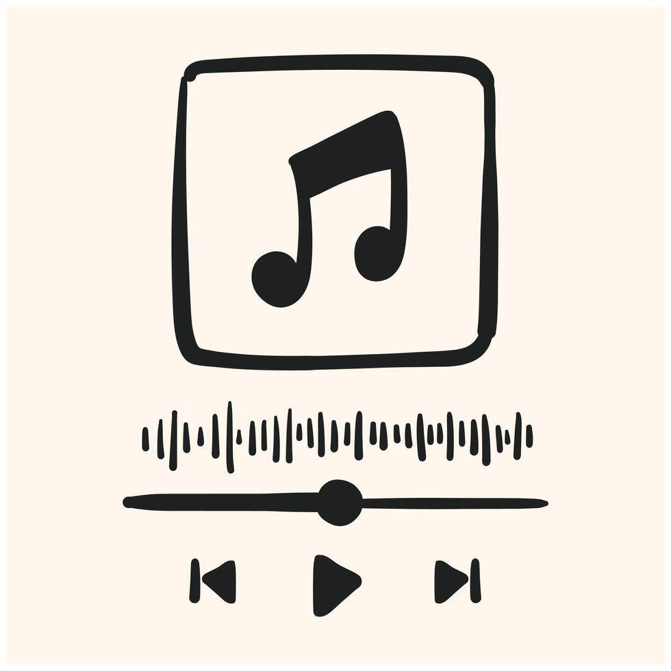 Hand drawn doodle audio player vertical template. Music player interface style buttoms, loading bar, sound wave sign, frame for album photo With illustration style doodle and line art vector