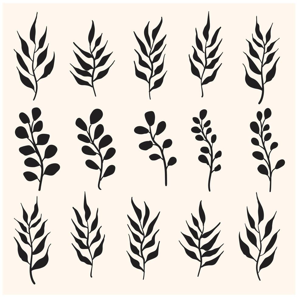 Set of leaves, herbs, branches, twigs With illustration style doodle and line art vector