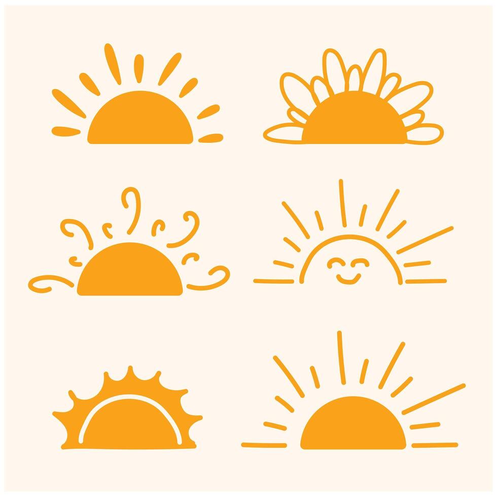 Yellow semicircle doodle half sun Hand drawn icons set in doodle style With illustration style doodle and line art vector