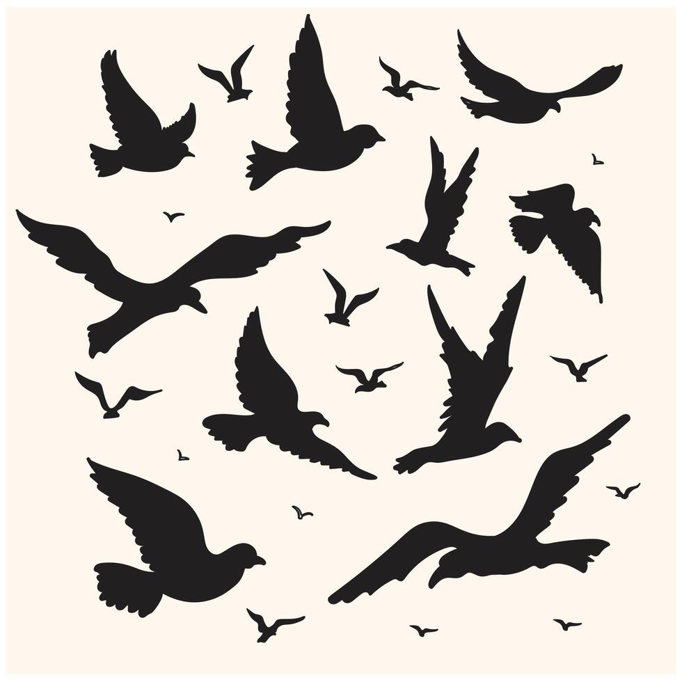 Seagulls silhouette set drawing With illustration style doodle and line art vector