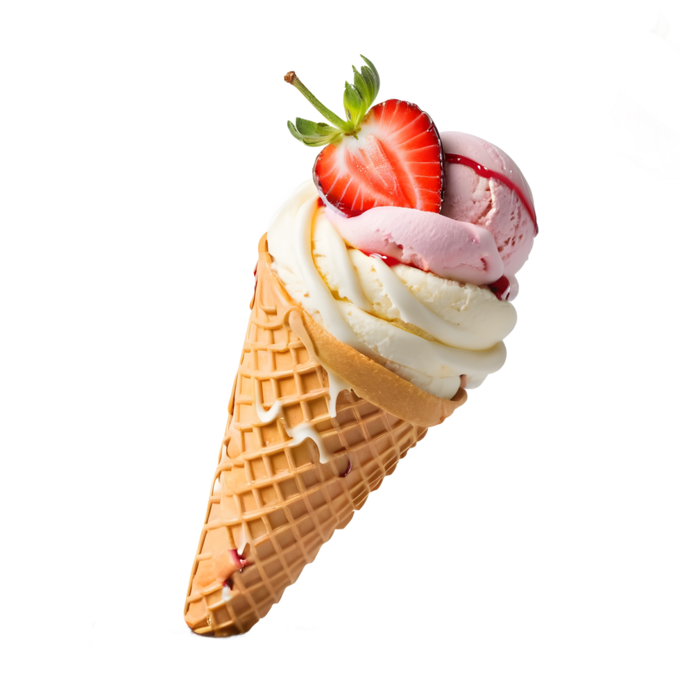 Melting Strawberry and Vanilla Ice Cream cone isolated on transparent background png