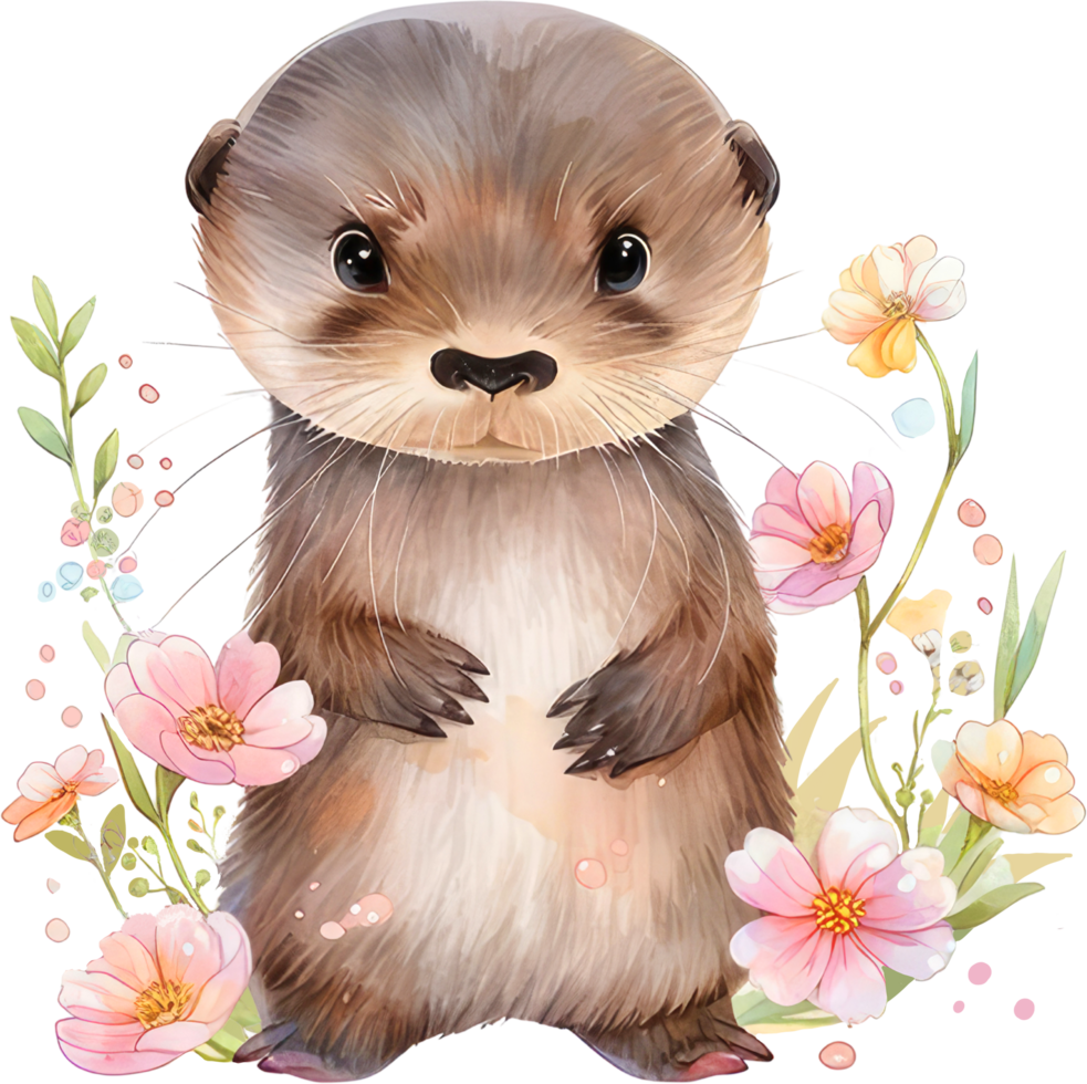 Cute baby otter with flowers png