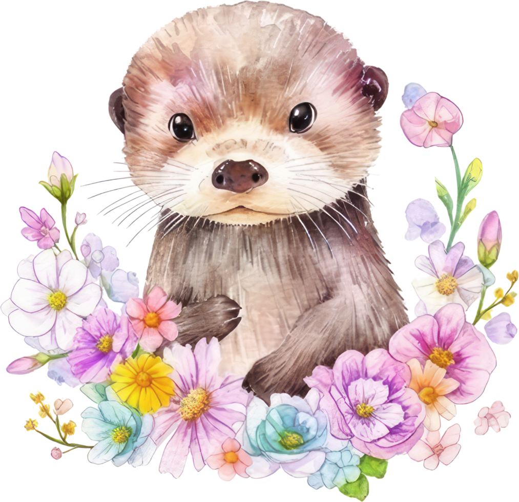 Cute baby otter with flowers png