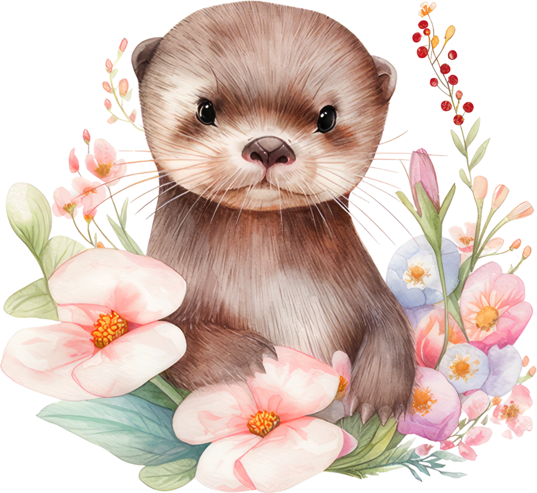 Cute baby otter with flowers png