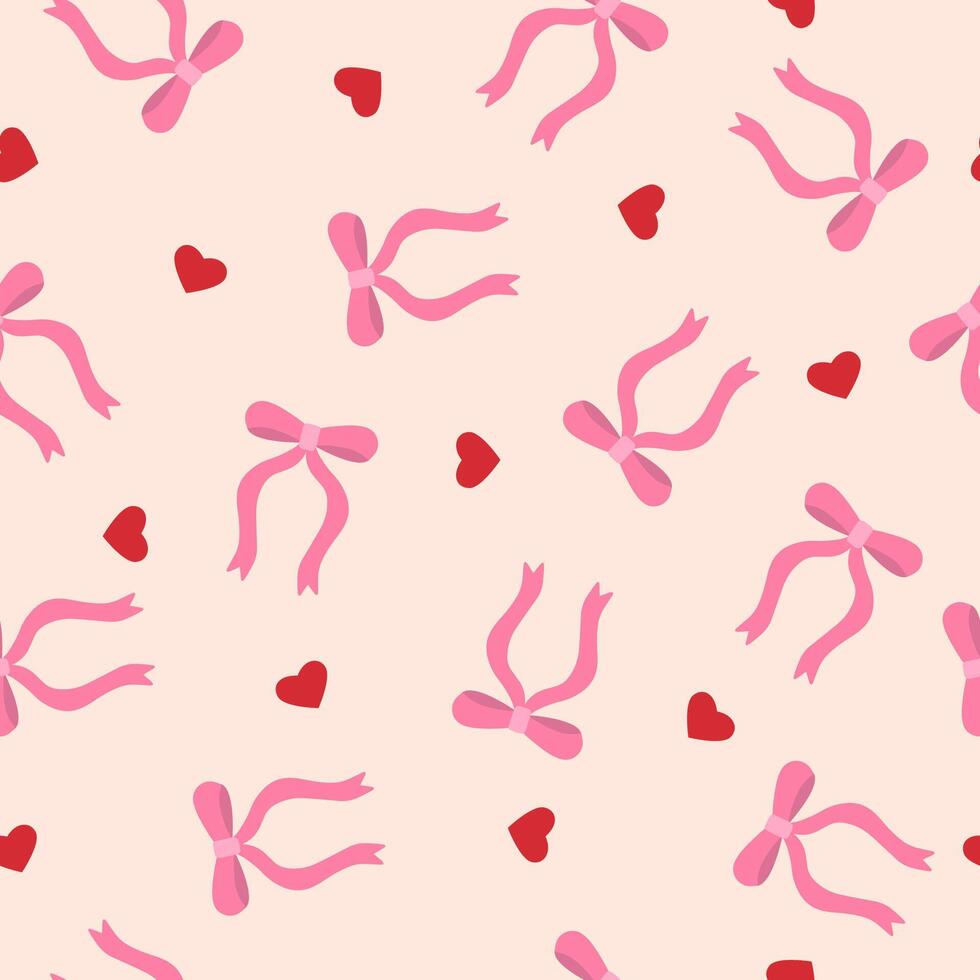 Trendy seamless pattern with ribbon bows and red hearts. vector