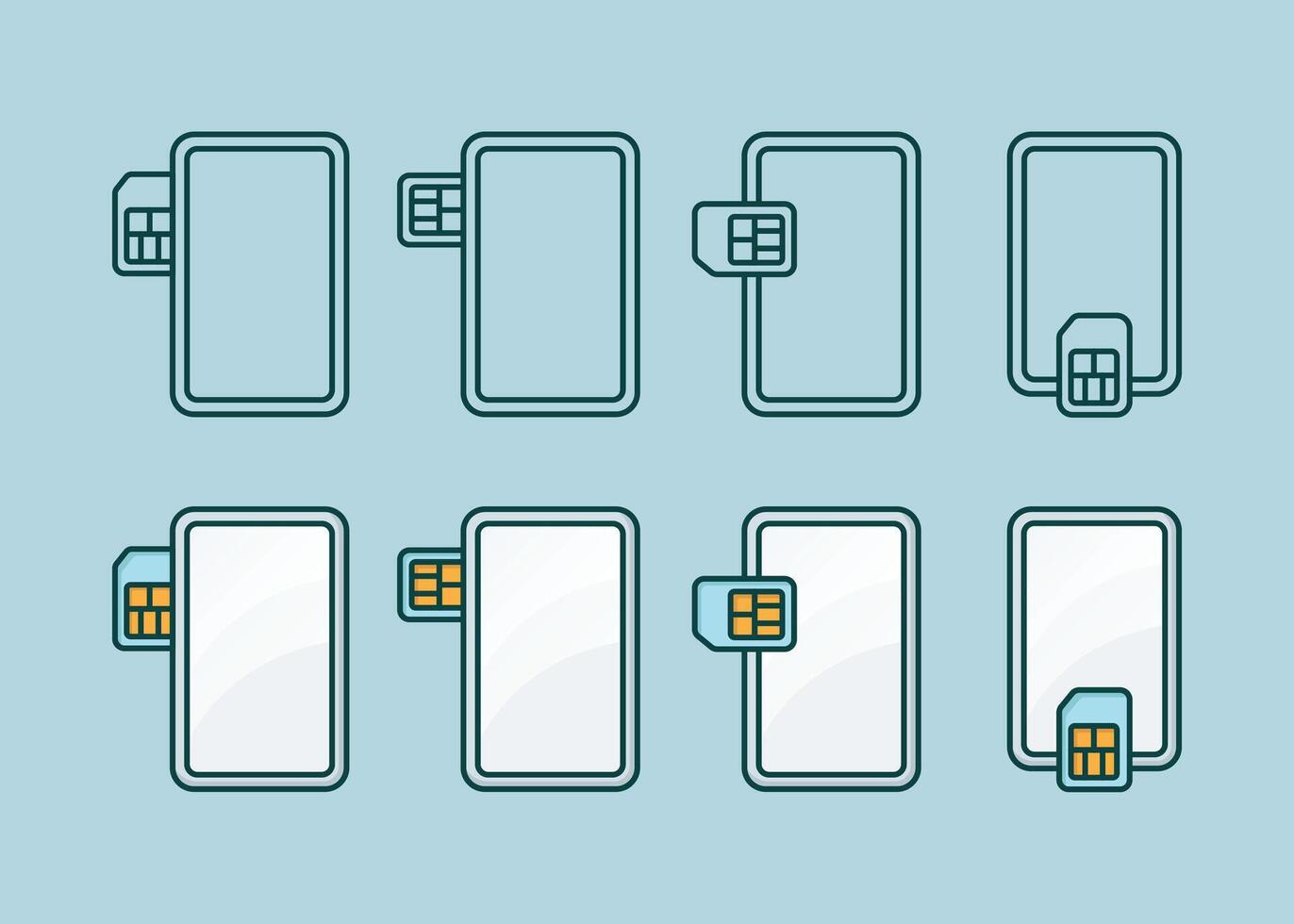 Various sim card insert position representative minimalist flat illustration with outline vector