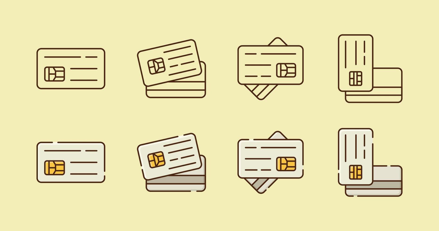 A set of debit and credit cards in various styles, minimalist flat card illustrations with outlines vector