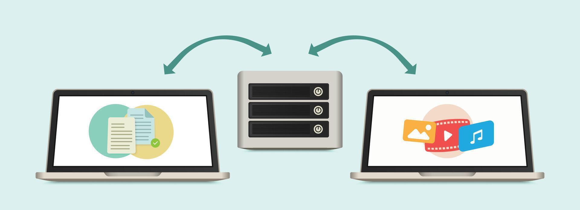 Home server data transfer concept with two laptops sharing multimedia and documents with network attached drive vector