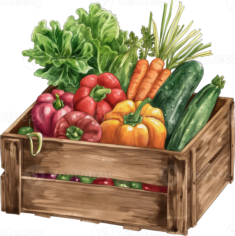 vegetables in a wooden box on transparent background png