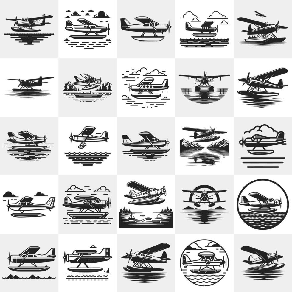 Floatplane Bundle . Set of Floatplane Silhouette vector
