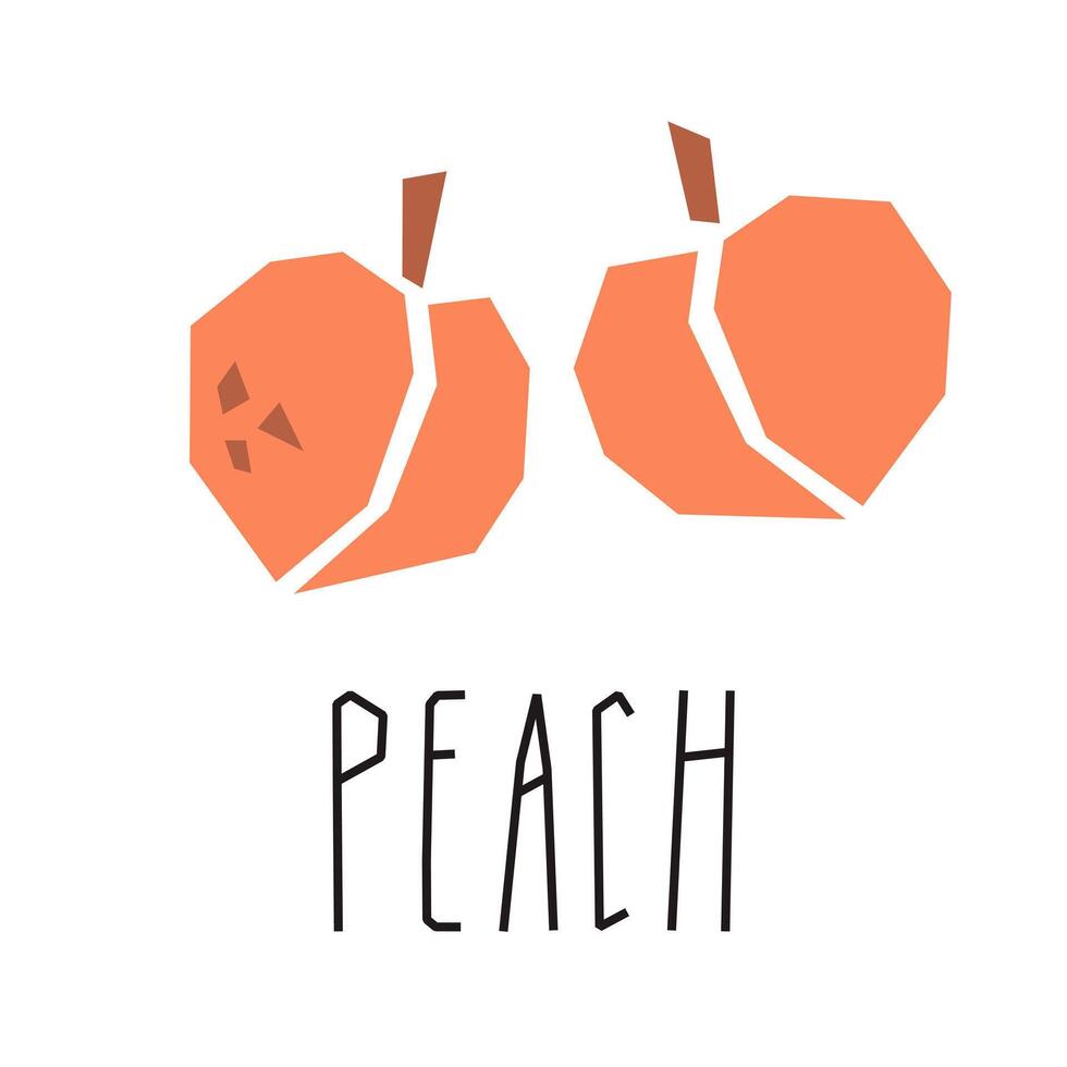 Peach cartoon illustration and text isolated on white. Tropical fruits. Peach geometric logo, print, design. vector