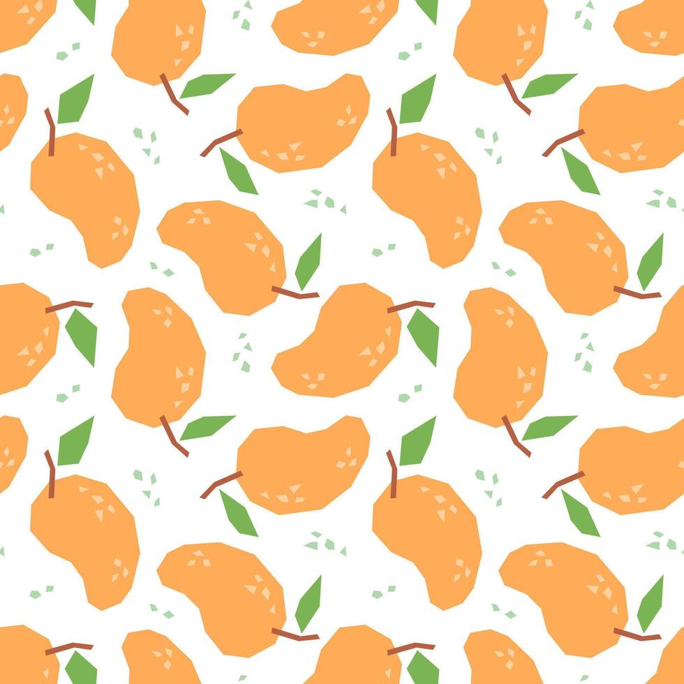 Mango abstract cartoon seamless pattern. Tropical fruits background isolated on white. Mango with leaf geometric print for fabric, paper, design. vector