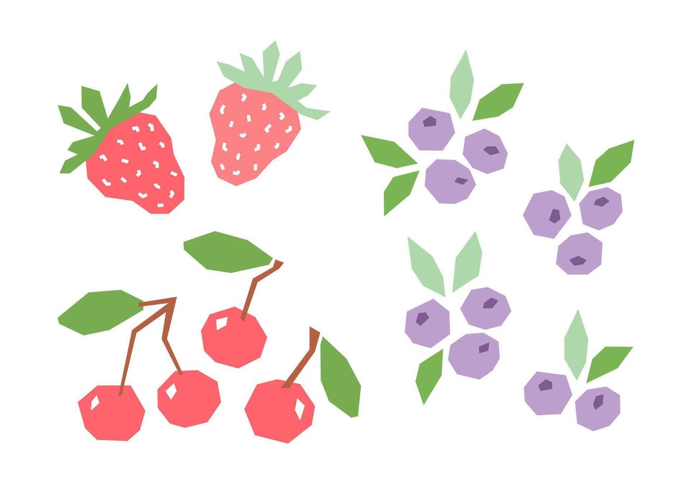 Set of cartoon strawberry, blueberry, cherry isolated on white. Geometric berries collection elements for logo, print, design. vector