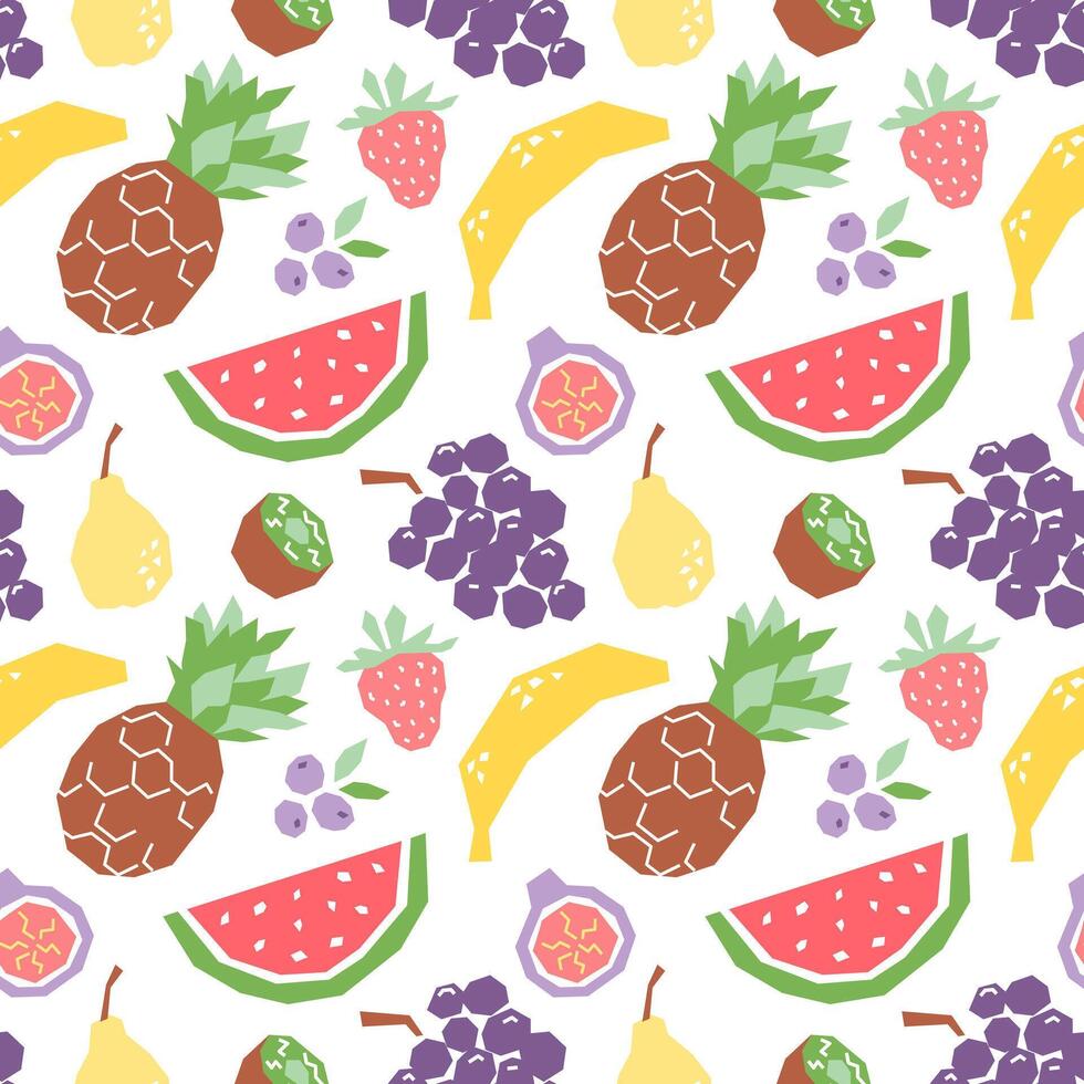 Seamless pattern with cartoon tropical fruits, geometric print for fabric, paper, design. Summer fruits background isolated on white. vector