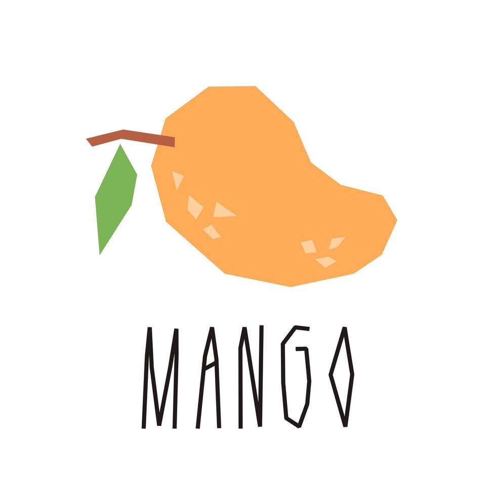 Mango cartoon illustration and text isolated on white. Tropical fruits. Mango slice geometric logo, print, design. vector