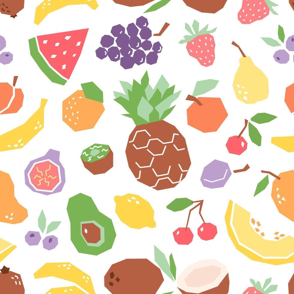 Fruits cartoon seamless pattern, geometric print for fabric, paper, design. Tropical fruits background isolated on white. vector