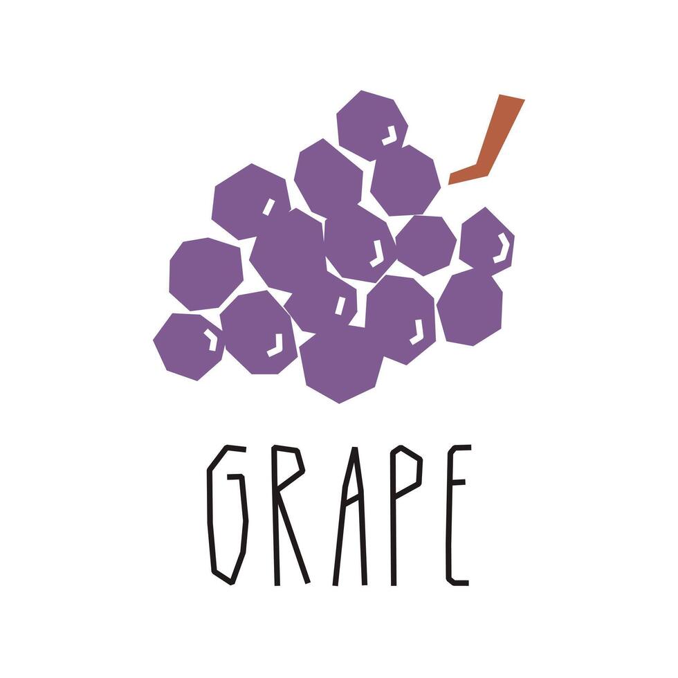 Grape cartoon illustration and text isolated on white. Bunch of grapes geometric logo, print, design. vector