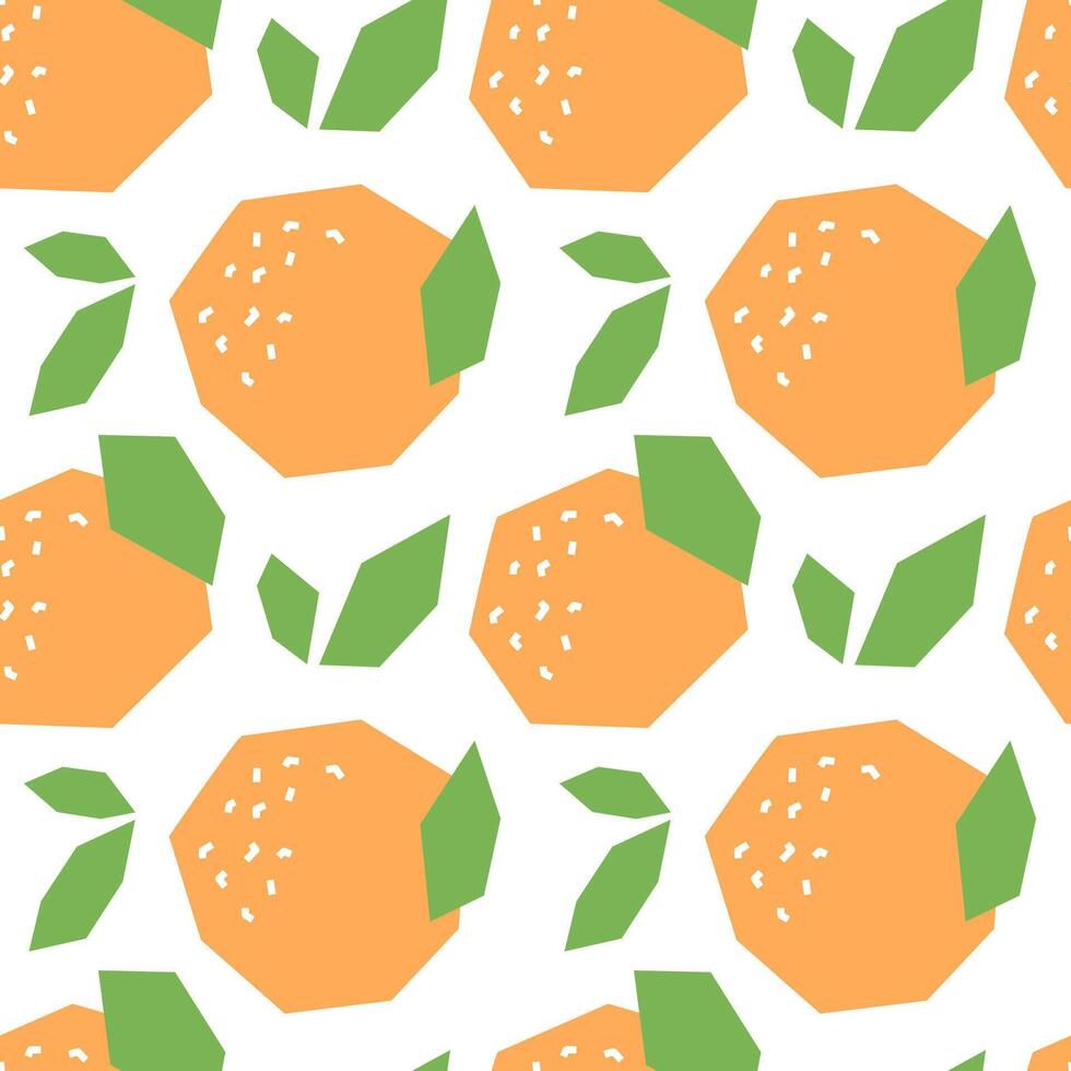 Orange cartoon seamless pattern. Tropical fruits background isolated on white. Orange with leaves and abstract element geometric print for fabric, paper, design. vector