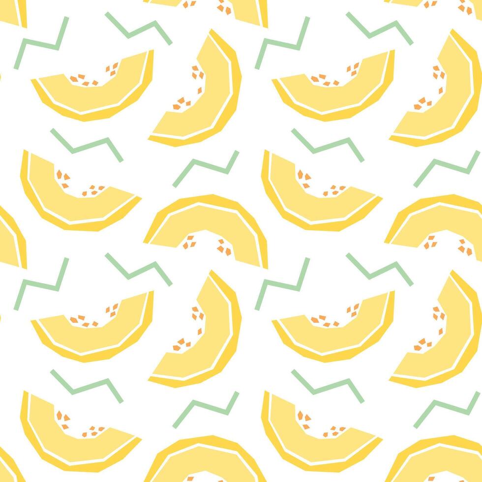 Melon slice cartoon seamless pattern. Tropical fruits background isolated on white. Yellow melon slice with green abstract element geometric print for fabric, paper, design. vector