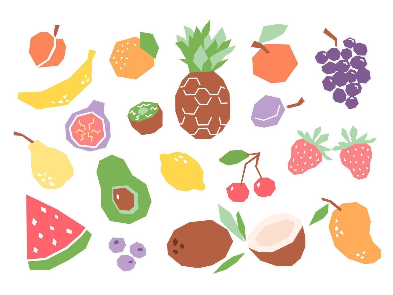 Set of cartoon tropical fruits isolated on white. Geometric fruits collection elements for logo, print, design. vector
