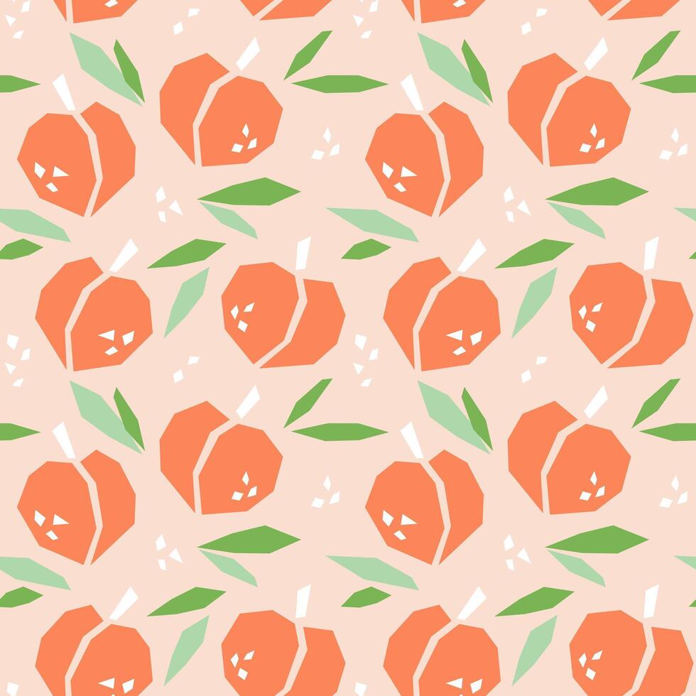 Peach cartoon seamless pattern. Tropical fruits background isolated on white. Peach with leaves and abstract element geometric print for fabric, paper, design. vector