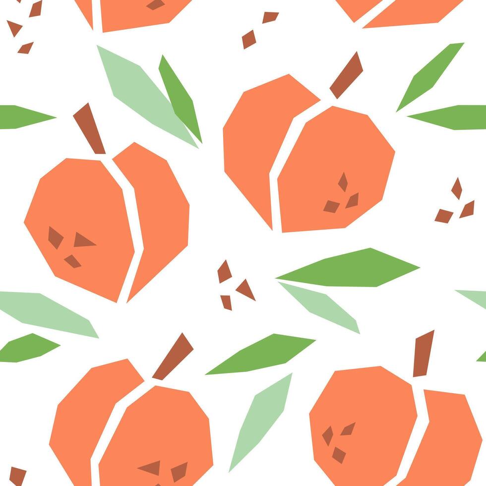 Peach cartoon seamless pattern. Tropical fruits background isolated on white. Peach with leaves and abstract element geometric print for fabric, paper, design. vector